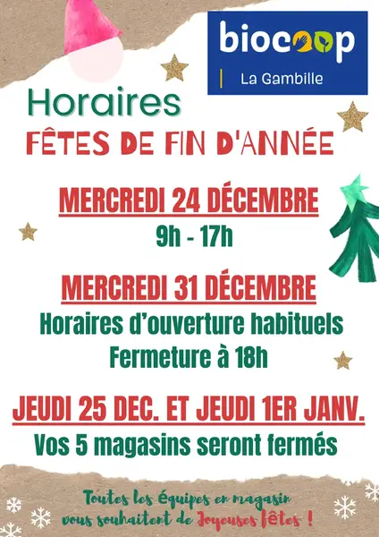 Horaires d'ouverture pendant les fêtes 