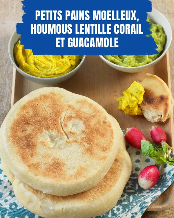 Petits pains moelleux, hpumous lentilles corail et guacamole