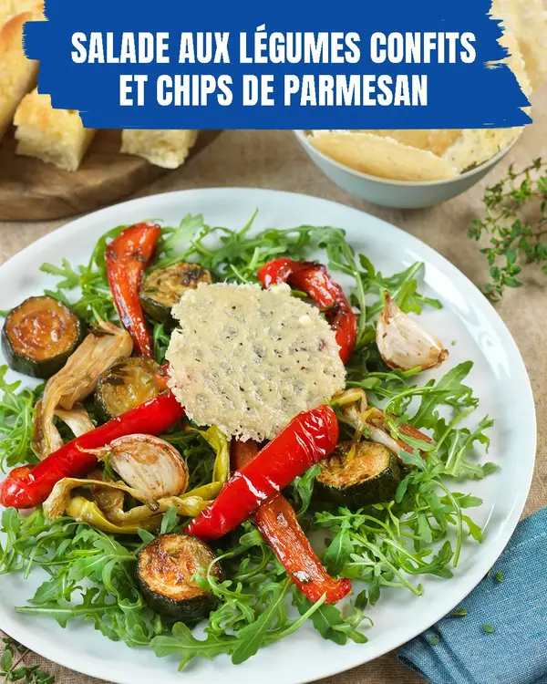 Salade aux légumes confits et chips de parmesan